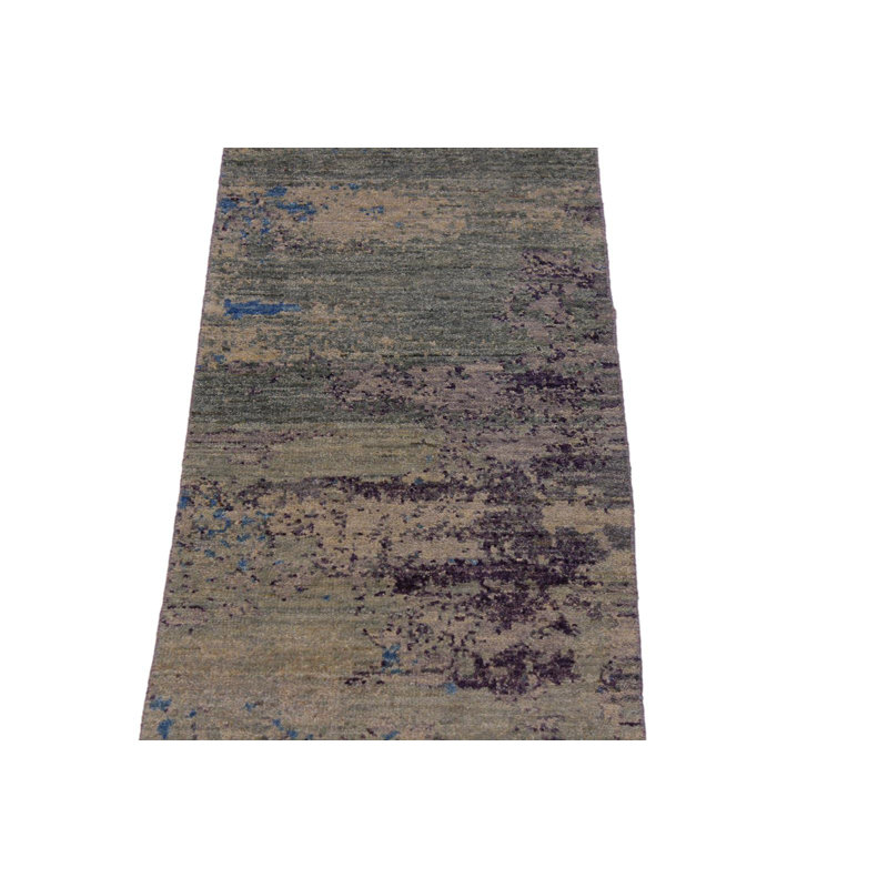 Tapis d'intérieur en laine noué à la main à motif abstrait bleu / vert / noir 2 pi 1 po x 6 pi 10 po Mcneal