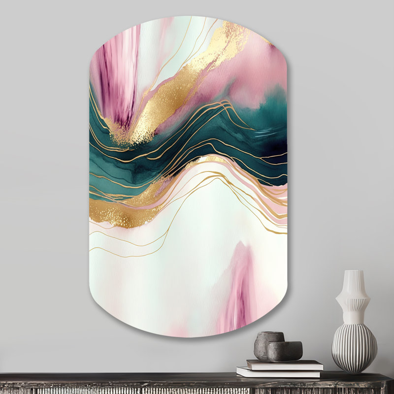 Abstract Geode Pink And Green Marble III - Marble Cylinder Print on Metal, Modern Asymmetrical Metal Wall Decor