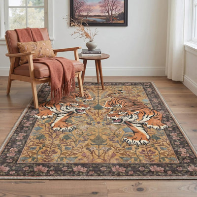 4x6 Rug Machine Washable Low Pile with Non Slip Backing, Small Indoor Door Mat for Entryway Kitchen Bathroom Front Door, Roaring Tigers Dusty Ochre