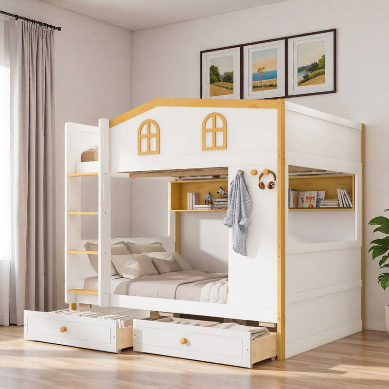 Lit superposé avec garde-corps en forme de maison, tablettes de rangement et tiroirs, Lit superposé double sur double