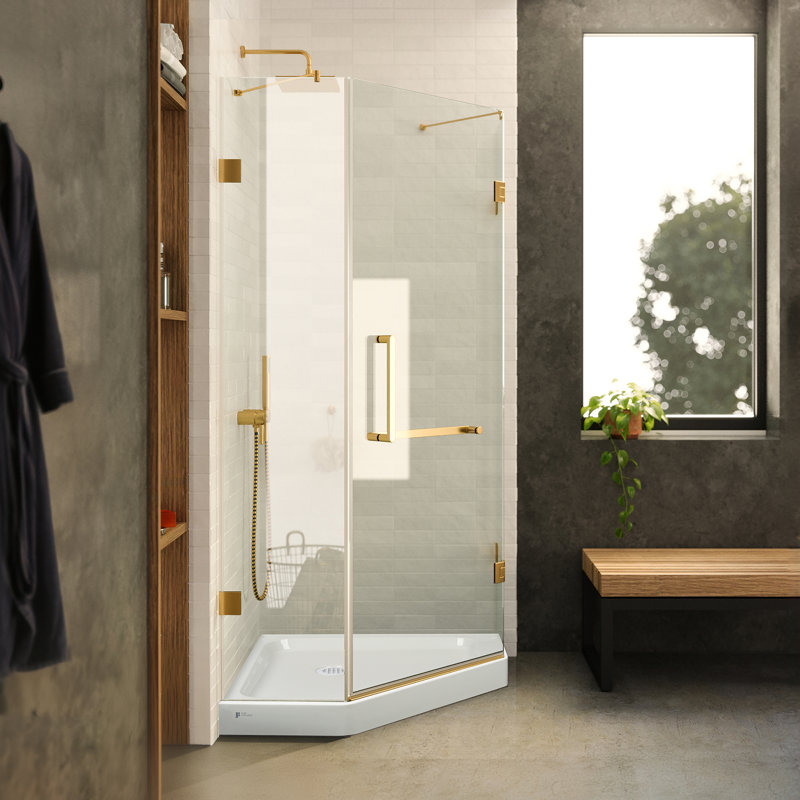 Neo Angle Shower Base with Compatible Glass Frameless Shower Enclosure - 34" x 34", Satin Brass