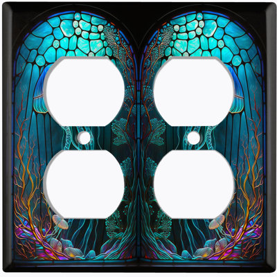 Metal Light Switch Plate Outlet Cover (Cute Jelly Fish Blue Glass Art Print - Double Duplex)