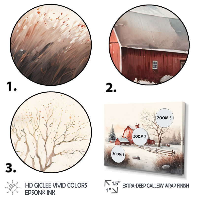 Calm Red Barn In Winter V - ferme / campagne, art mural sur toile, H 16 po x l 32 po x P 1 po, Toile tendue