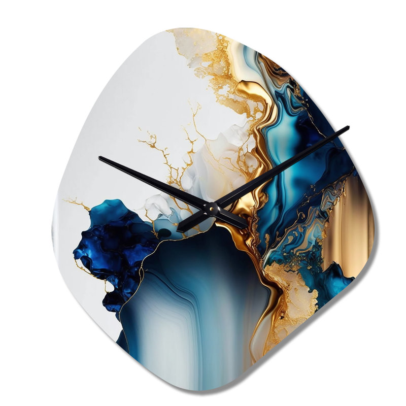 Abstract Geode Gold And Blue Marble I - Nebula Shape Decorative Blue Abstract Marble Wall Clock, Small
