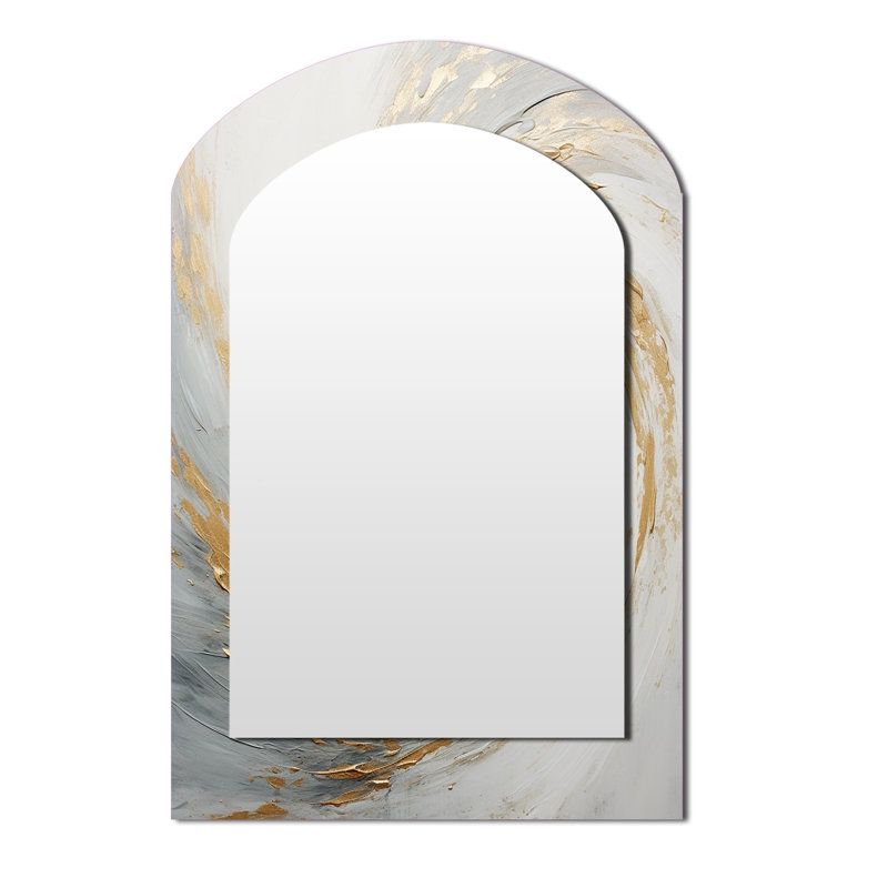 Gold And White Soft Wave Vortex IV - Abstract Spirals Arch Decorative Mirror, Modern Asymmetrical Wall Mirror, Printed Metal Art