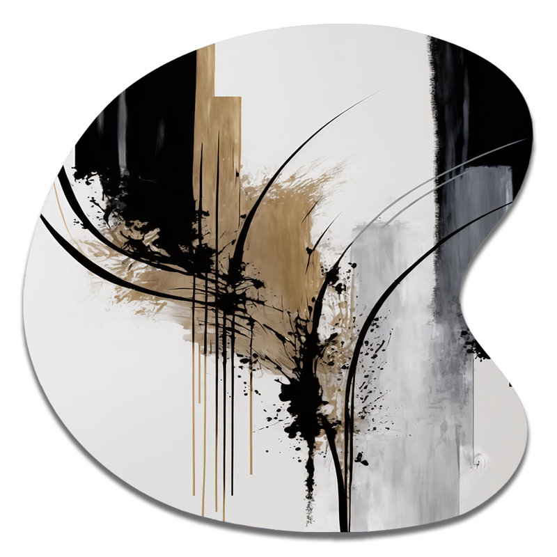 «Black, White and Gold Expression II», abstrait, décoration murale asymétrique en métal, impression d'art en forme unique noire