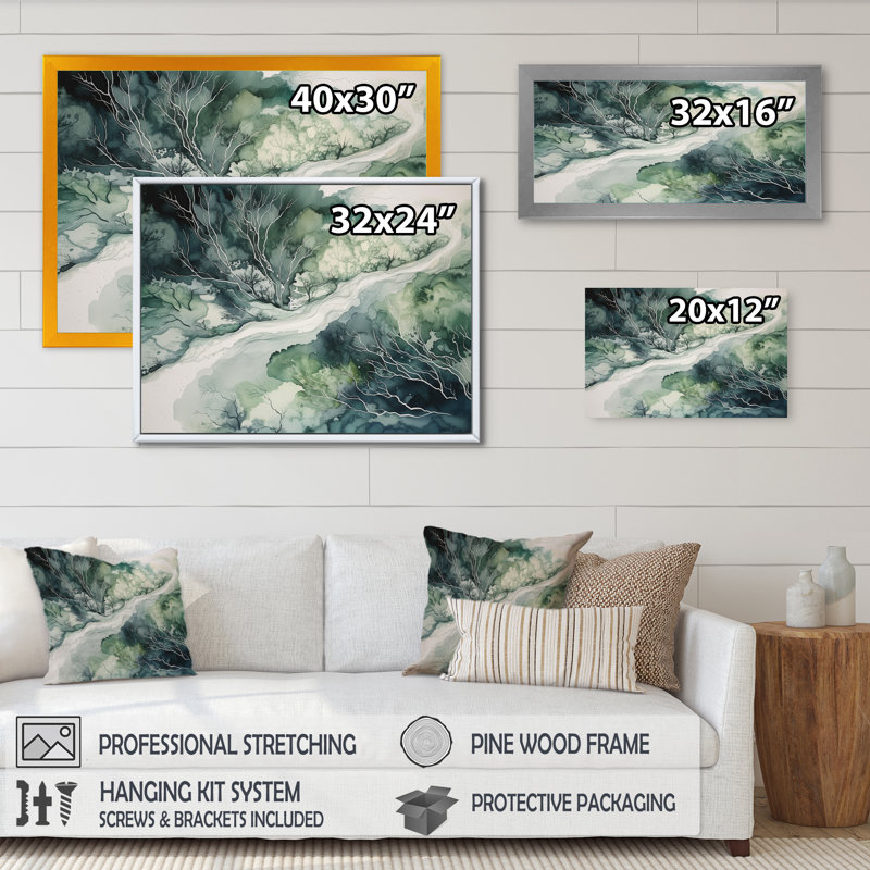 Vert et bleu marbré Dreamscape IV sur toile, Cadre photo noir, H 30 po x l 40 po x P 1,5 po