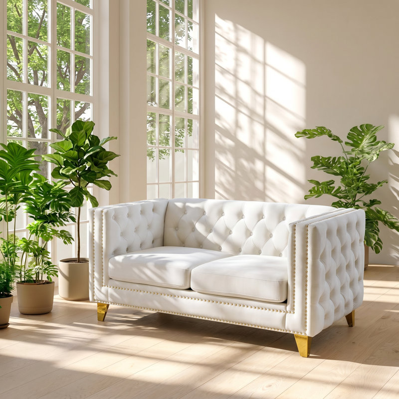 Classic Chest58" W x 30.5" D x 29" H Tufted Button Velvet 2-Seat Sofa, 29" H x 80.5" W x 30.5" D, White Boucle