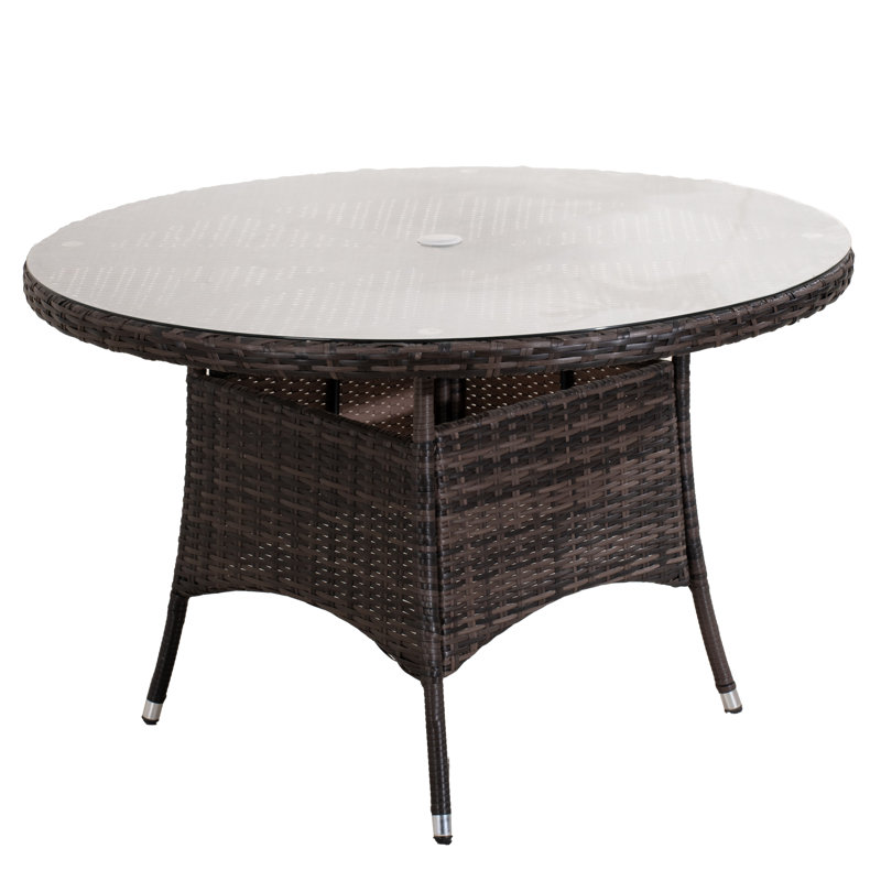 Outdoor Patio Dining Table - Round Rattan Table With Tempered Glass Top, Umbrella Hole & Hidden Assembly