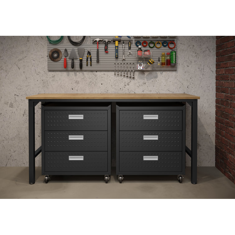 Sibley 72" W Butcher Block Top Workbench with 2 Mobile Garage Cabinets