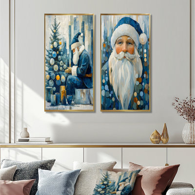 Ensemble de 2 pièces d'art mural bleu et blanc Santa Christmas Moment I - Christmas Santa