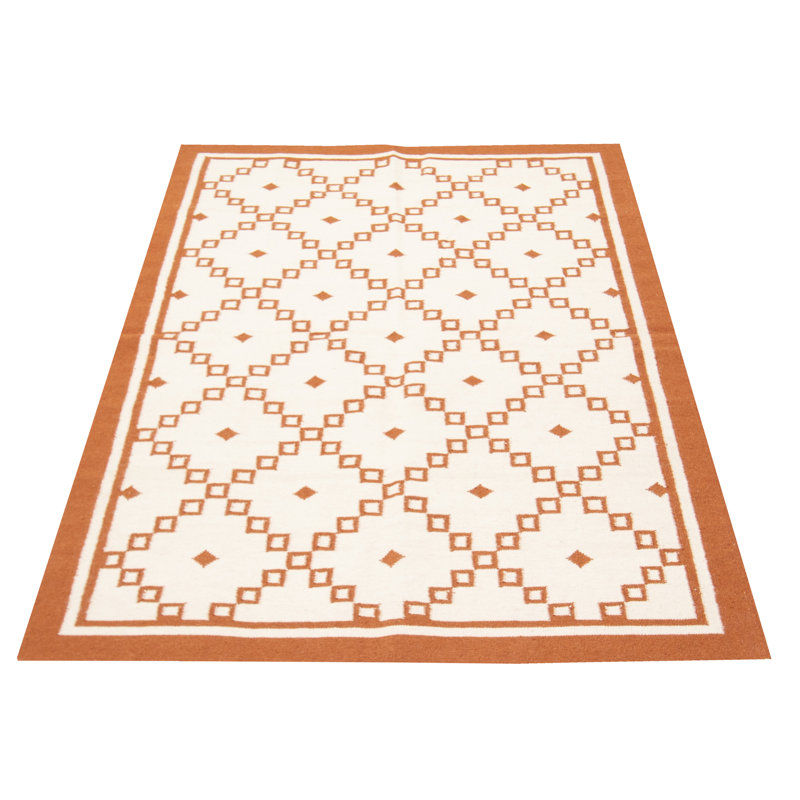 Tapis orange / ivoire en laine à motif géométrique tissé à plat à la main New Ashford