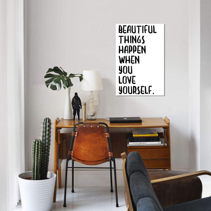 « belle things happens », art textuel sur toile, H 26 po x l 18 po x P 1,5 po