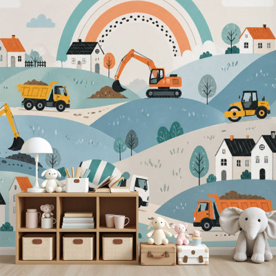 Peel and Stick Wallpaper Playful Construction Vehicles Colorful Hills for Kids Wall Murals 69"H x 96"W Removable PVC Wall Paper Self-Adhesive Wall Decor for Bedroom Living Room Home Office