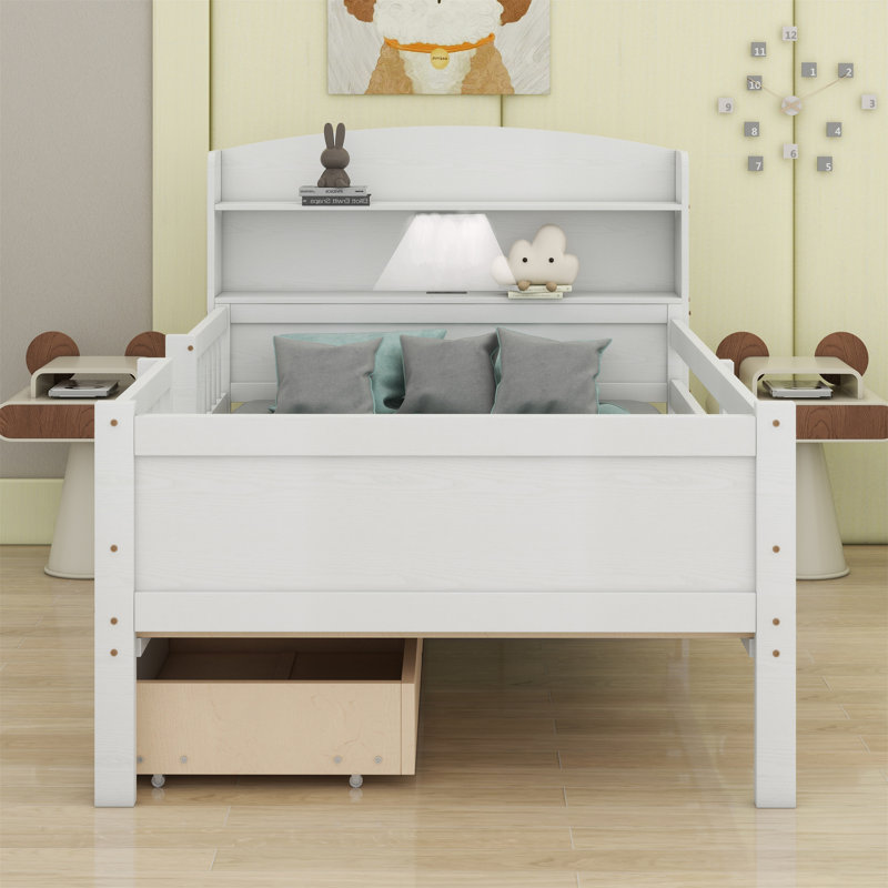 Lit plateforme simple en bois avec éclairage à DEL intégré, garde-corps et 2 tiroirs, Blanc