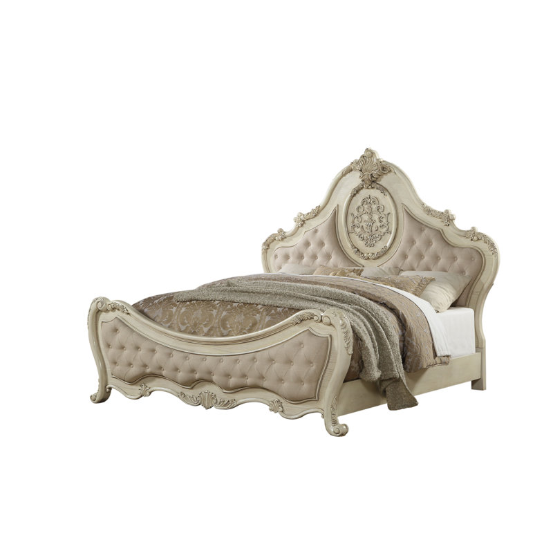 King Beige Linen and Antique White Tufted Upholstered Bed