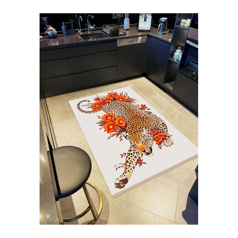 Tapis motif léopard et motif floral moderne lavable à la machine, Sous-tapis rectangulaire de 3 pi 3 po x 4 pi 11 po