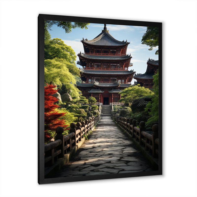 Tasheena, art asiatique, pagode sereine VI - impression, H 32 po x l 16 po x P 1 po, Impression noire sur toile encadrée