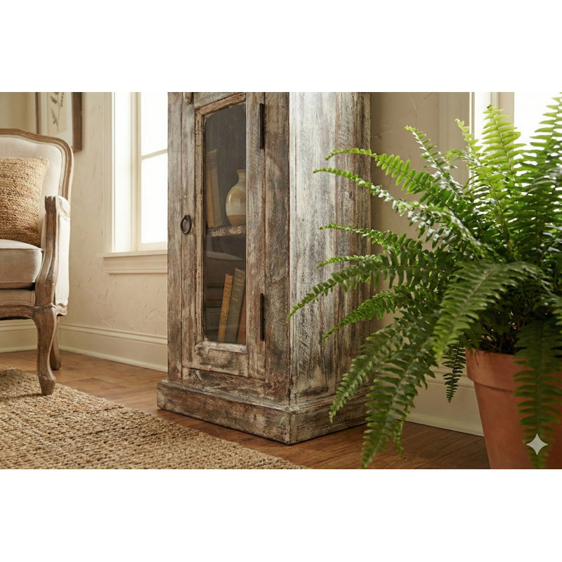 20" Handmade Wooden Side Table with Glass Door – Rustic Storage Cabinet, Classic Accent Furniture for Living Room & Bedroom