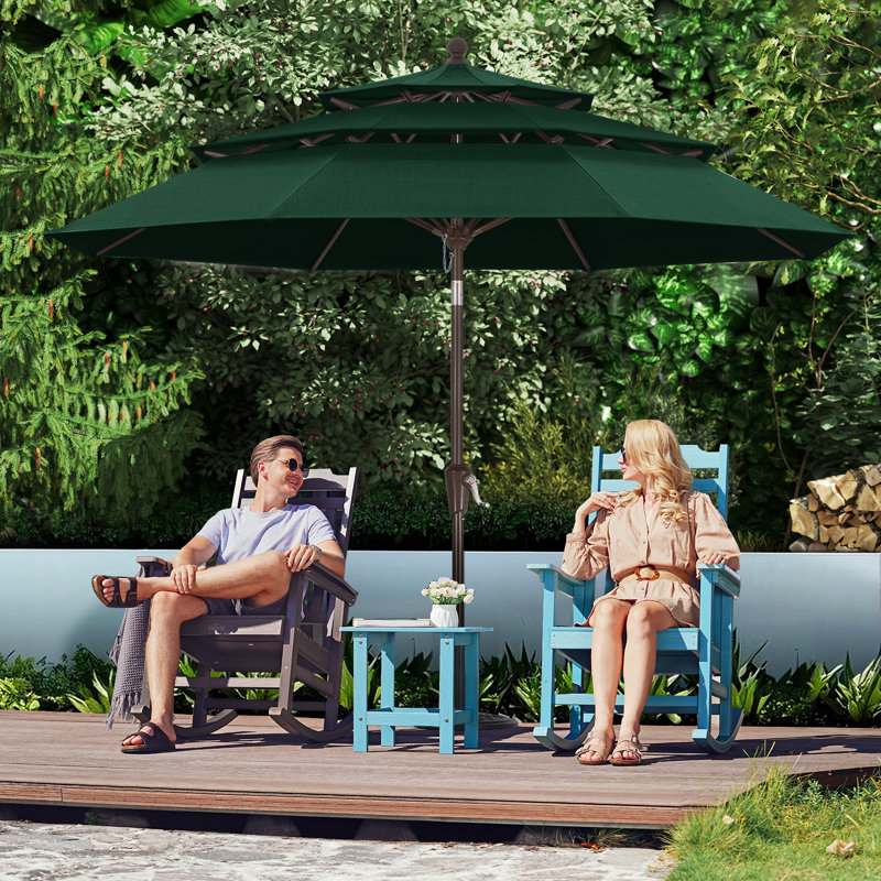 Parasol de marché en oléfine 9 'à 3 niveaux avec inclinaison et manivelle, Vert forêt
