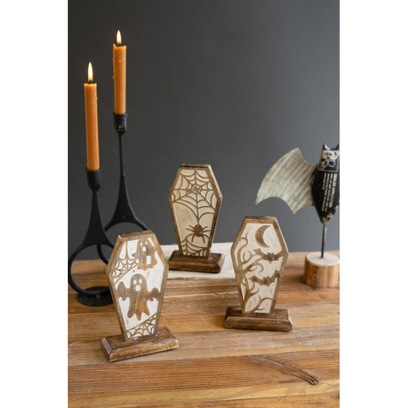 Set Of 3 CARVED WOODEN HALLOWEEN COFFIN SCENES - 8 " H