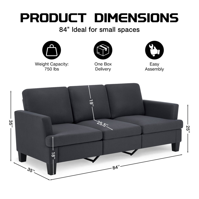 84'' Linen Upholstered 3 Seater Sofa, Black