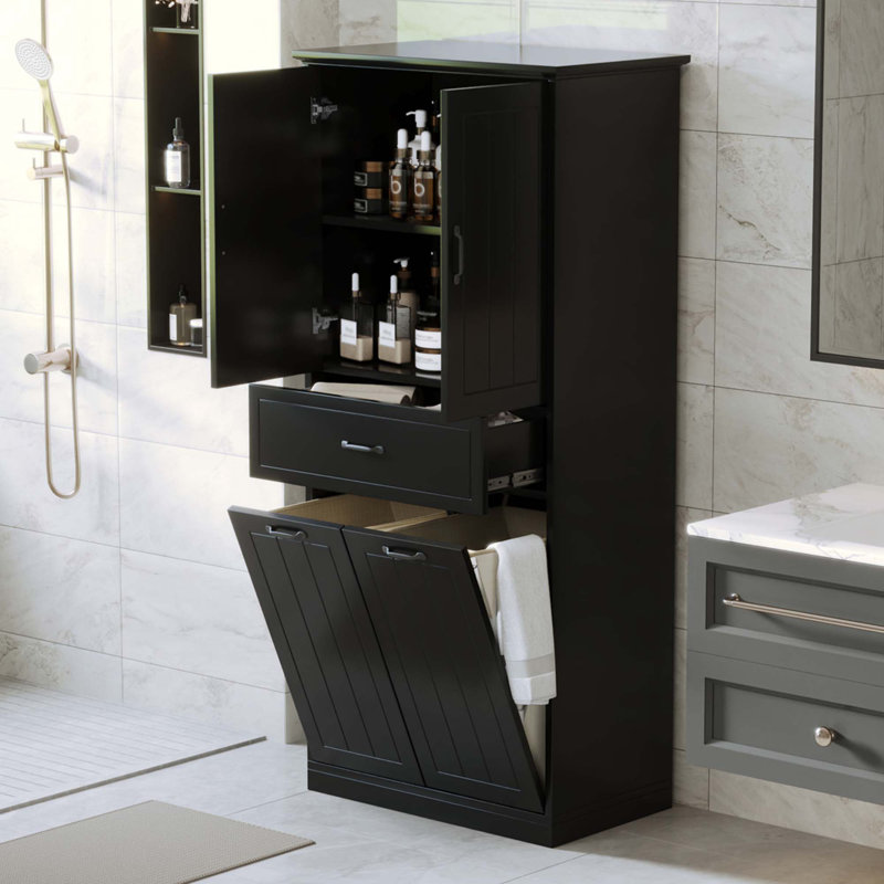 Armoire de rangement pour salle de bain avec deux paniers à linge, armoire de rangement avec portes et tiroir pour la maison