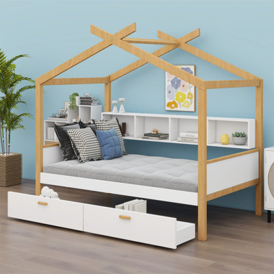 House Bed With Two Drawers And Bookshelf Storage Space