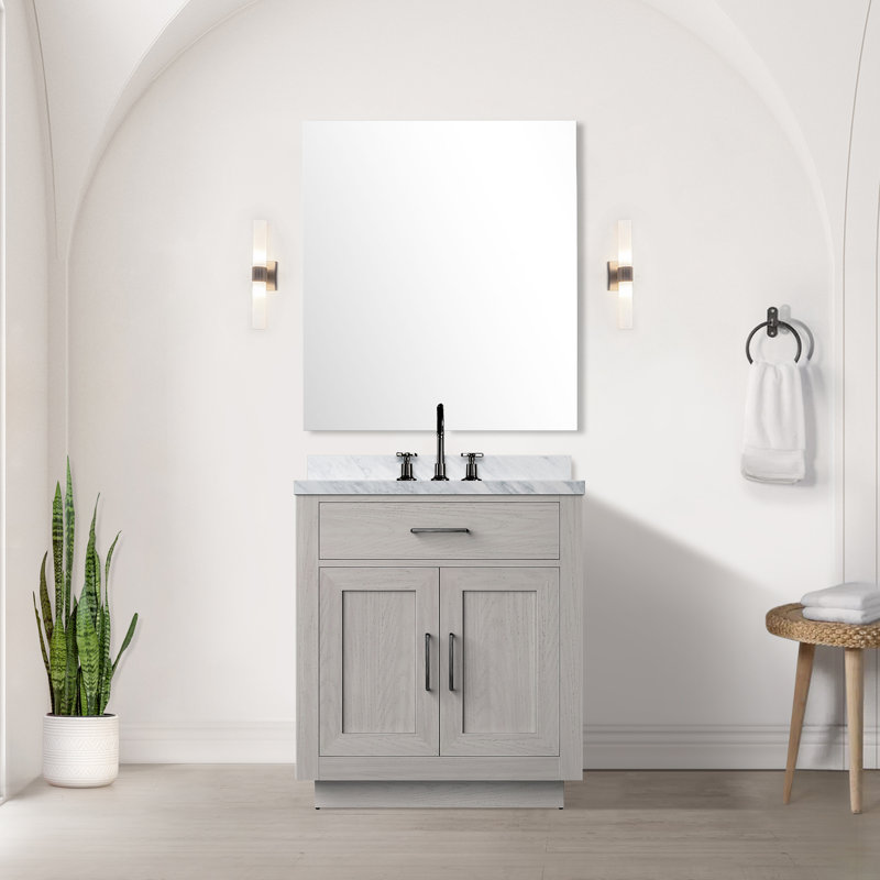 Shelter 30 in W x 22 in D White Oak Single Bath Vanity, Carrara Marble Top and 28 in Mirror