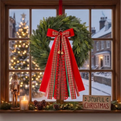 Large Christmas Wreaths Sash for Front Door Red and Green Plaid Ribbon Bow Wreath with Clip Christmas Ribbon Satin Sash Decor for Xmas Home Yard Wall Front Door Indoor Outdoor