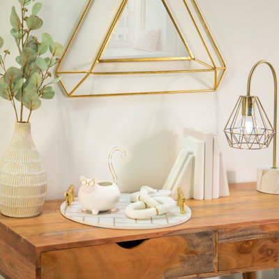 Plateau de bibelot en grès de céramique en forme de chat avec accents dorés et verres de 8 po blanc pour le bureau à domicile dans la chambre à coucher ou le salon