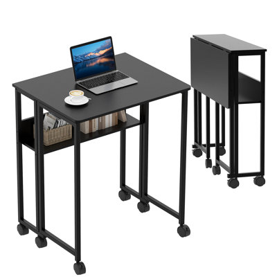 Table d'ordinateur pliante 24,8 pouces avec roulettes et tablette de rangement pour petits espaces