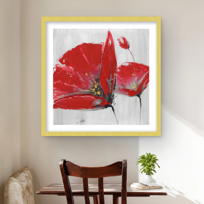 Three Red Flowers on Gray Background - Framed Matted Print