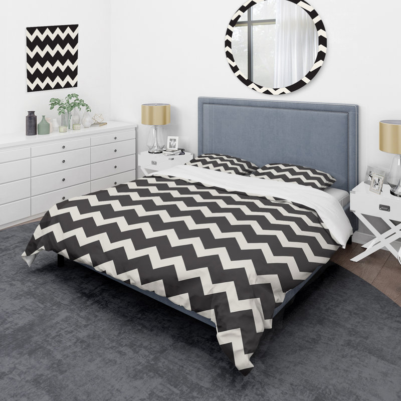 Chevron horizontal noir en zigzag - ensemble de housse de couette abstrait - polyester en microfibre