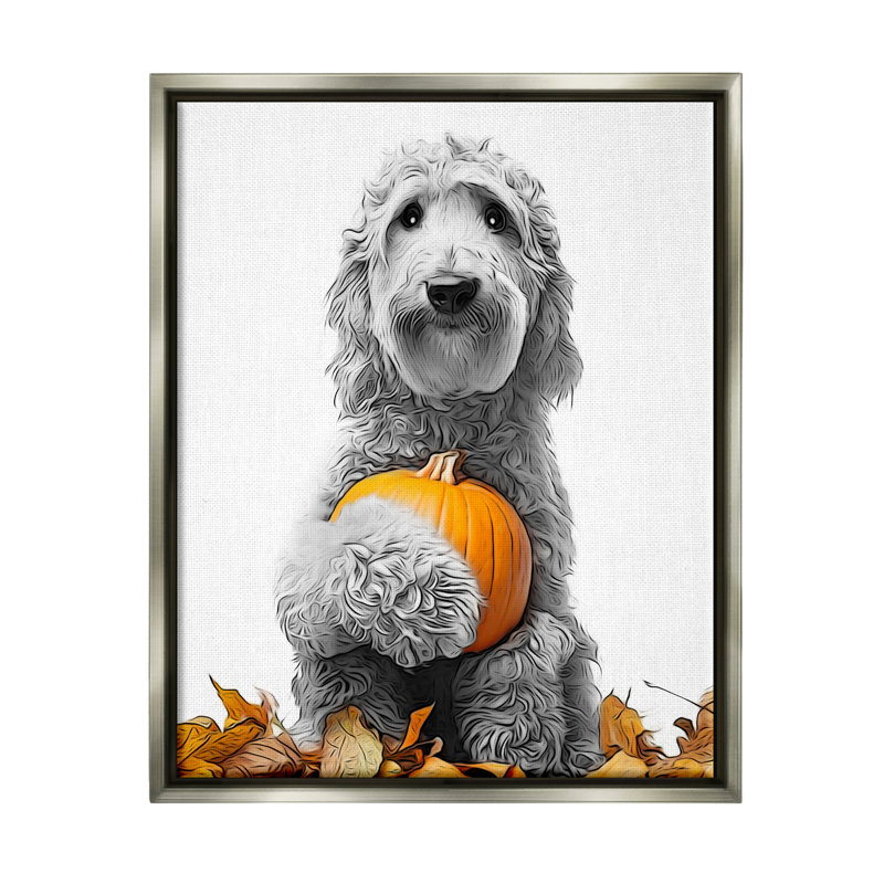 Chien et feuilles d'automne sur toile, H 21 po x l 17 po x P 1,7 po, Cadre flottant gris lustré