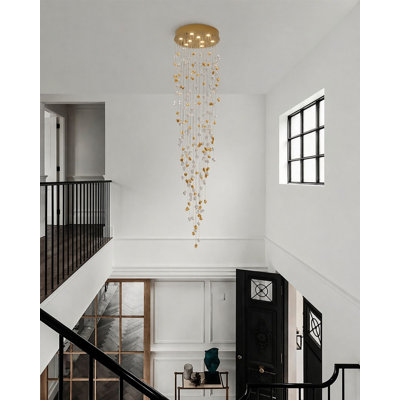 9-Light Brass Chandelier With Clear And Amber Glass Stones