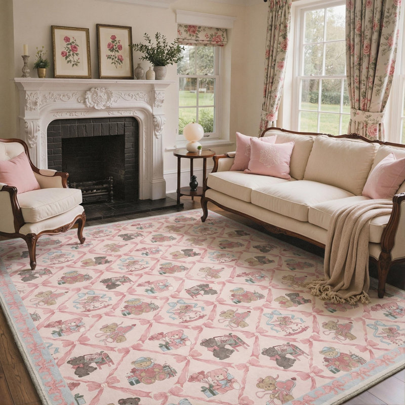Tapis bleu / rose / beige lavable à la machine à motif d'ours avec envers antidérapant, Rectangulaire 8 pi x 10 pi