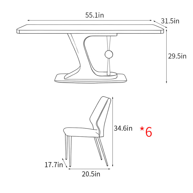 Light luxury modern rectangular dining table set, 29.5"H x 55.1"L x 31.5"W