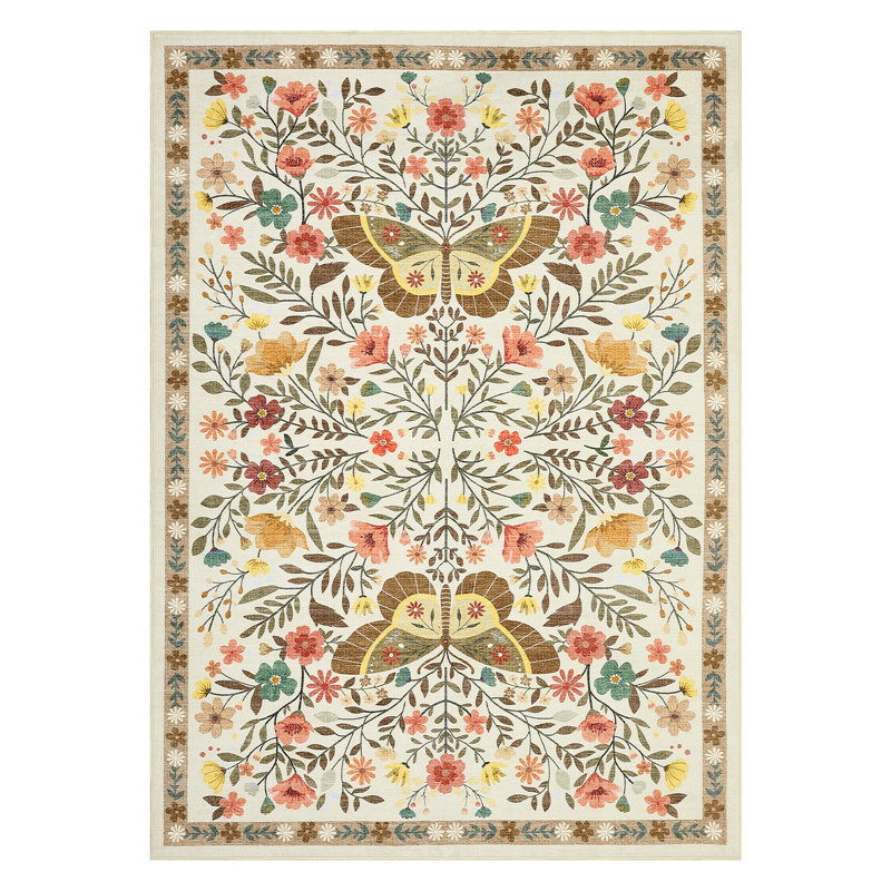 Farmhouse Floral Machine Washable Rug with Non Slip TPR Backing Soft Thin Foldable Mat Botanical Butterfly Printed Carpet Low Pile Non Shedding Carpet