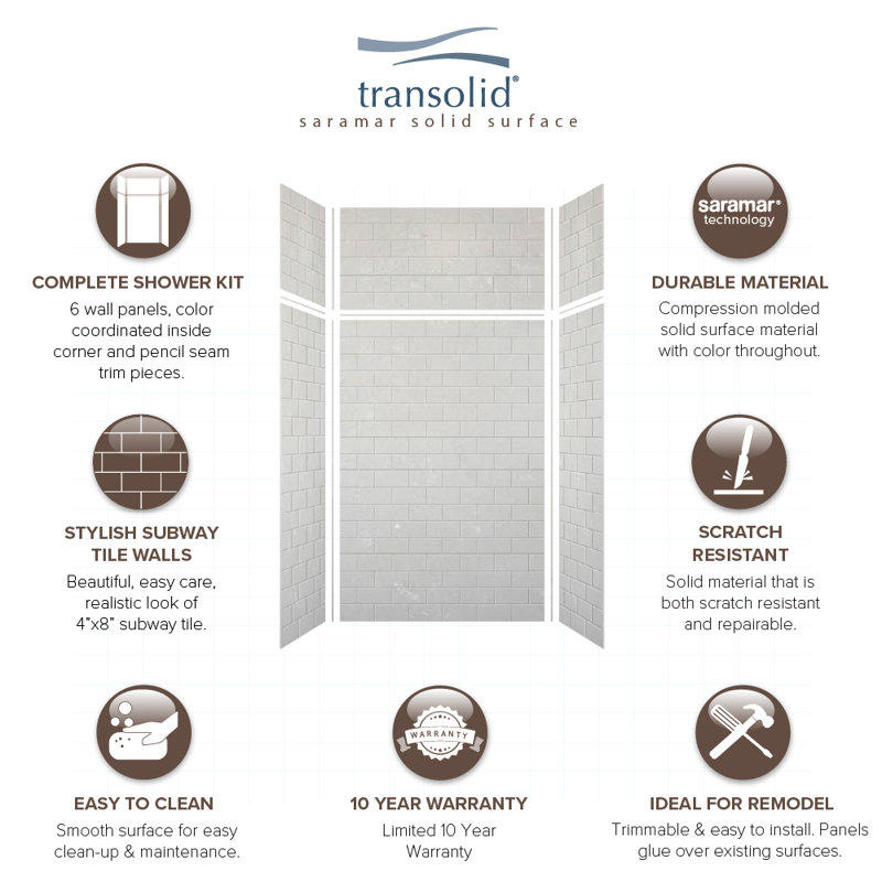 Lunar Gray Subway Tile 48'' x 96'' Solid Surface Shower Wall Kit