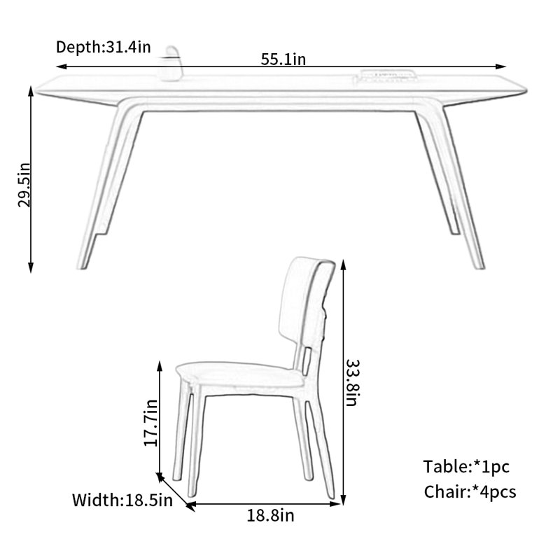 Modern Matte Rock Plate Dining Table Chair Set 4 - Person Four Leg Dining Set, 29.5"H x 55.1"L x 31.4"W