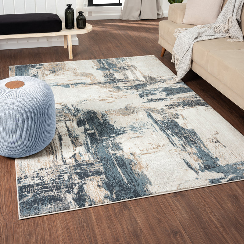Tapis abstrait bleu / blanc, Rectangle 8 pi 11 po x 12 pi 7 po