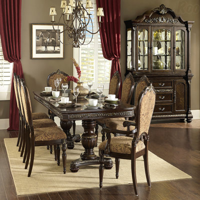 Royal Extendable Dining Table Cherry 2 Extension Leaves Double Pedestal Gold Tipping