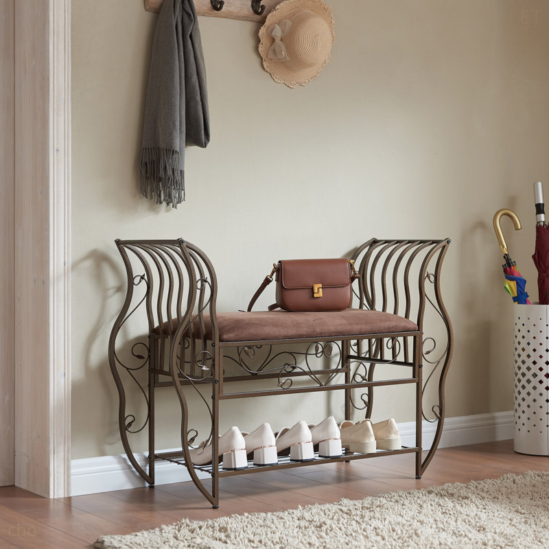 Traditional Style End Of Bed Bench, Upholstered Entryway Bench With Arm, Ottoman Bench With Metal Frame