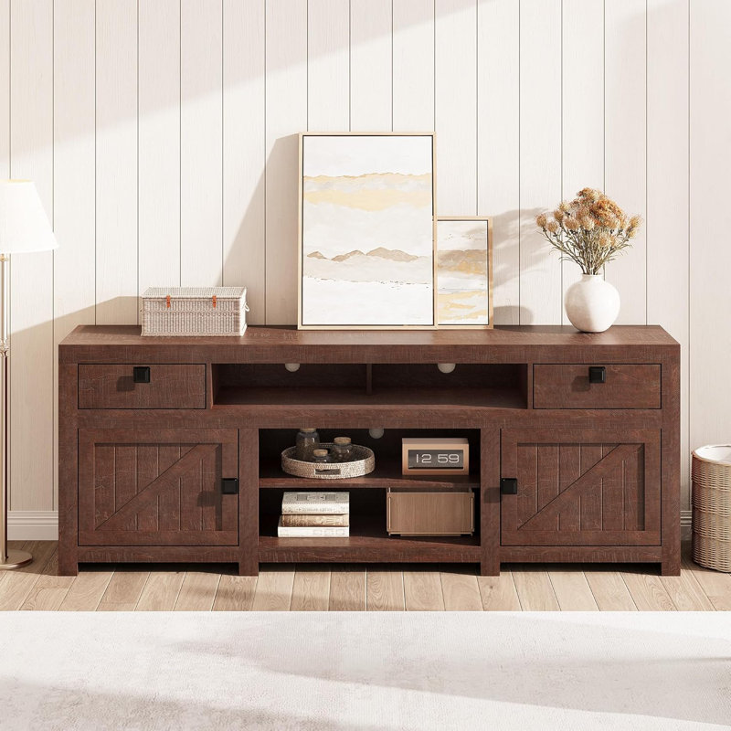 70'' Farmhouse TV Stand, Entertainment Center with 4 Storage Drawers & 3 Open Shelf, Television Consoles Stands, Red Brwon