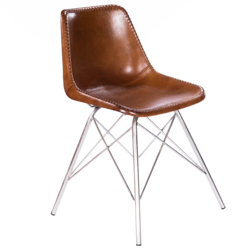 Glossop Leather Upholstered Side Chair, Medium Brown Genuine Leather, Chrome