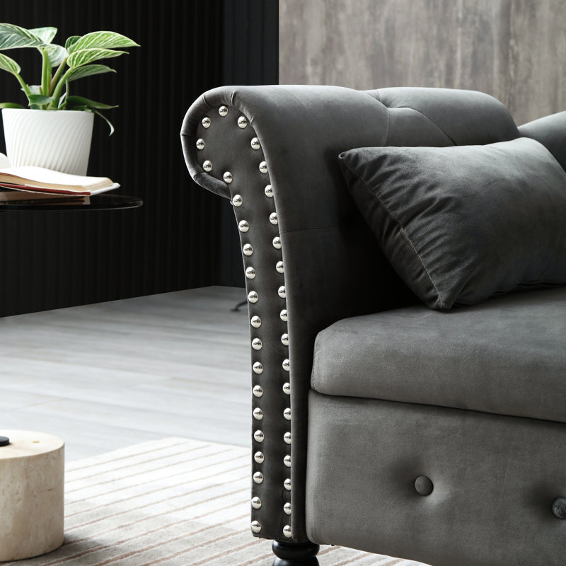 Grey Velvet Chaise Lounge With Solid Wood Legs And Storage Feature Build