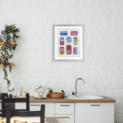 «Bright & Pastel Sardine Tins», reproduction sous verre encadrée, design par Bex Morley Design