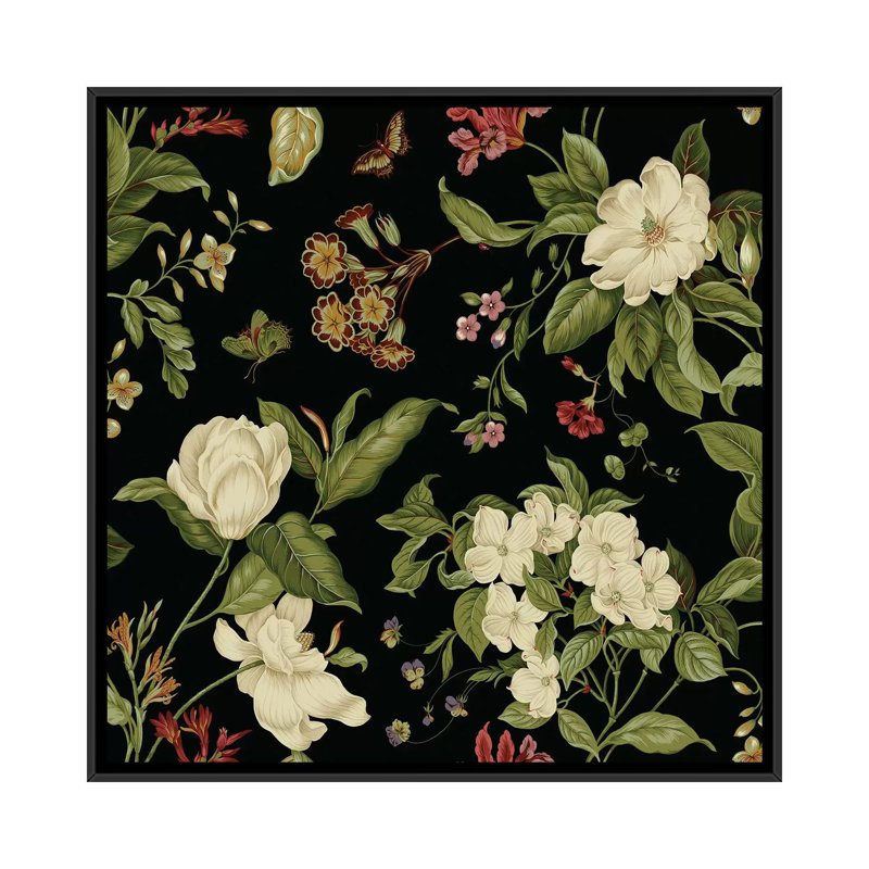 « jardin floral on black i », impression sur toile, H 18 po x l 18 po x P 1,5 po, Toile avec cadre noir, Pas de tapis