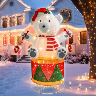 Décoration de Noël ours polaire d'extérieur, géant pré-éclairé, ours polaire avec tambour, chapeau de père Noël, décoration de jardin pour les fêtes avec support